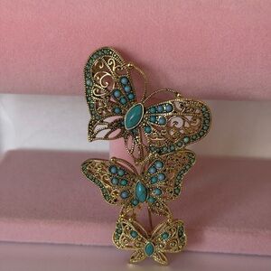 Vintage Monet Large Faux Turquoise Gold Tone 3 Butterfly Brooch Pin